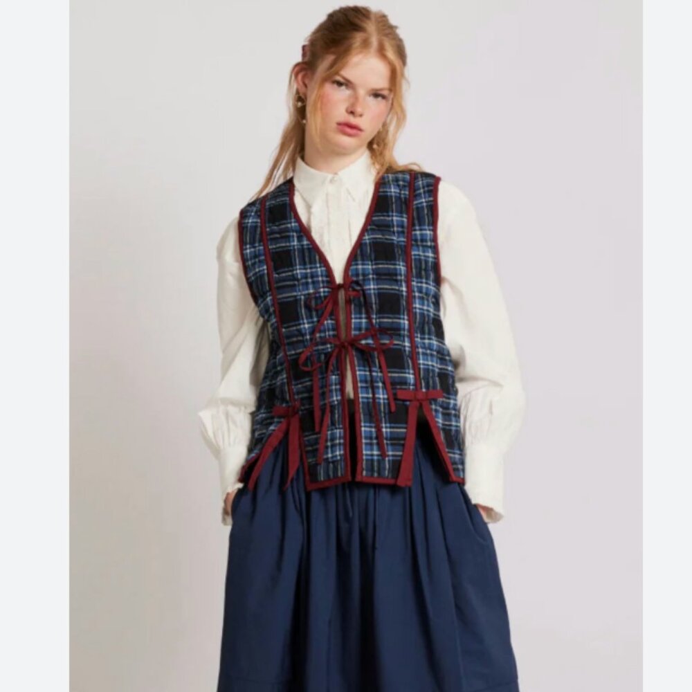 Damson Madder Aliva Quilted Bow Gilet Vest Plaid Size UK 16 US 12 NWT